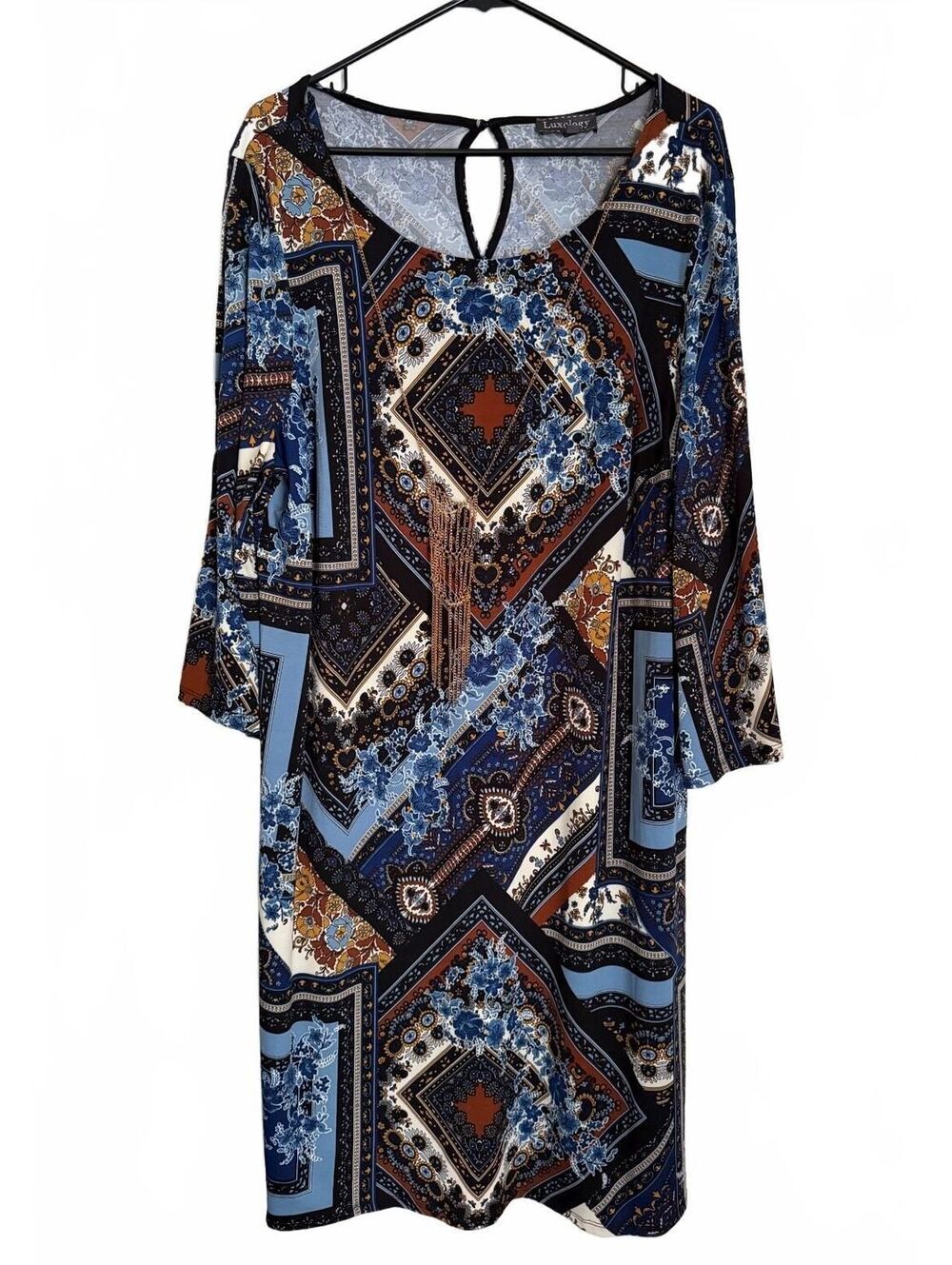 Luxology NEW Dress Size 18W Shift Floral Geometric Retro Necklace Fall Blue